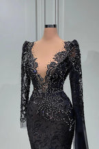 Elegant Black Long Mermaid V-neck Tulle Lace Prom Dress with Sleeves by BIZTUNNEL