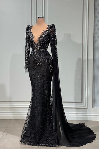 Elegante vestido de fiesta negro largo de sirena con escote en V de tul y encaje con mangas