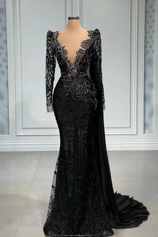 Elegant Black Long Mermaid V-neck Tulle Lace Prom Dress with Sleeves by BIZTUNNEL
