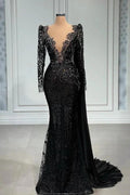 Elegant Black Long Mermaid V-neck Tulle Lace Prom Dress with Sleeves by BIZTUNNEL