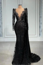 Elegant Black Long Mermaid V-neck Tulle Lace Prom Dress with Sleeves by BIZTUNNEL
