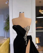Elegant Black Split Front One Shoulder Prom Dress With Beading by misshow.com