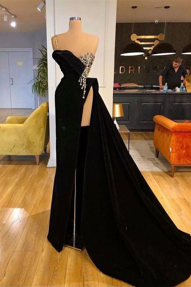 Elegant Black Split Front One Shoulder Prom Dress With Beading Hover Image