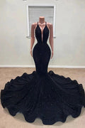 Elegant Black V-neck Spaghetti Straps Sleeveless Floor-length Mermaid Prom Dresses by misshow.com