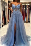 Elegant Blue Long Evening Dresses Beadings Prom Dresses With Slit by misshow.com
