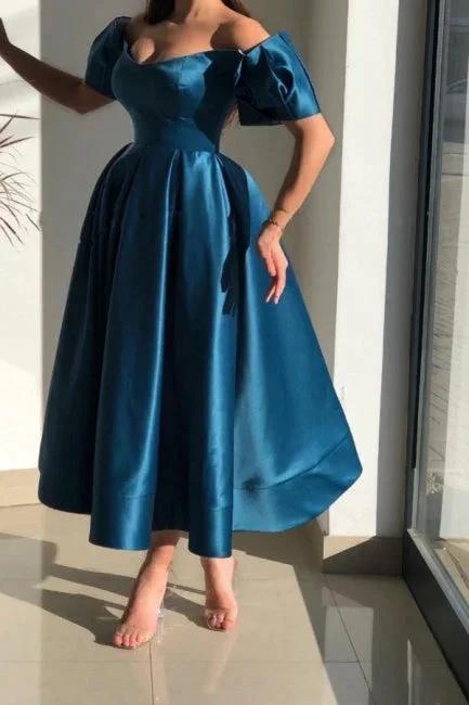 Elegant Blue Off-the-shoulder A-Line Ankle-Length Satin Prom Dresses by misshow.com