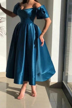 Elegant Blue Off-the-shoulder A-Line Ankle-Length Satin Prom Dresses by misshow.com
