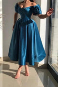 Elegant Blue Off-the-shoulder A-Line Ankle-Length Satin Prom Dresses by misshow.com