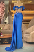 Elegant Blue Off-the-shoulder Sleeveless Beading Prom Dress With Slit by misshow.com