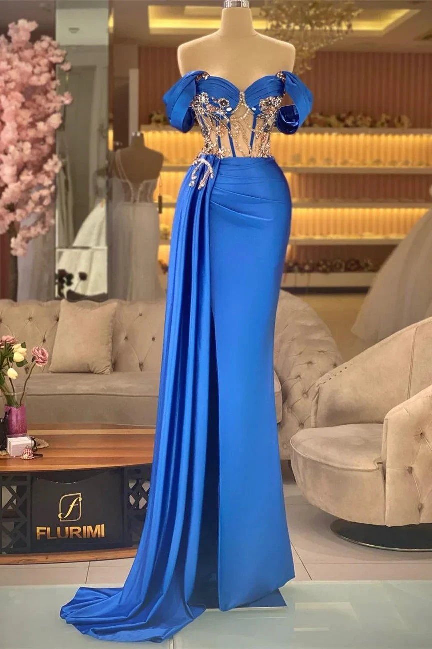 Elegant Blue Off-the-shoulder Sleeveless Beading Prom Dress With Slit by misshow.com