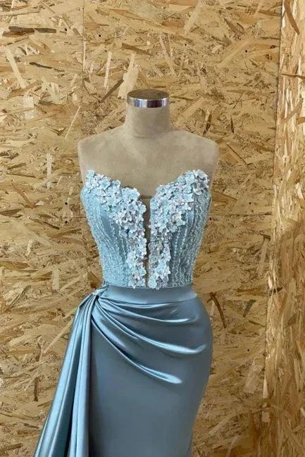 Elegant Blue Strapless Sleeveless Mermaid Elastic Woven Satin Prom Dresses with Ruffles by misshow.com