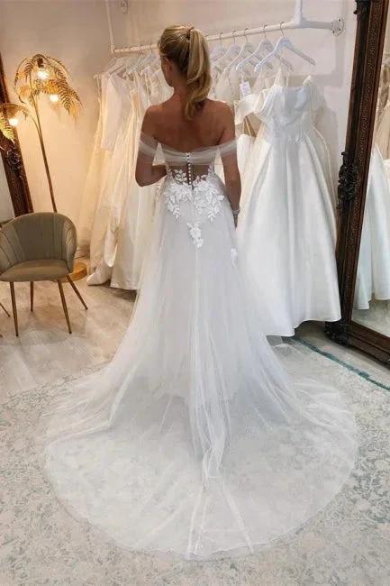 Elegant Boho Long White A-line Lace Sleeveless Tulle Wedding Dresses by misshow.com