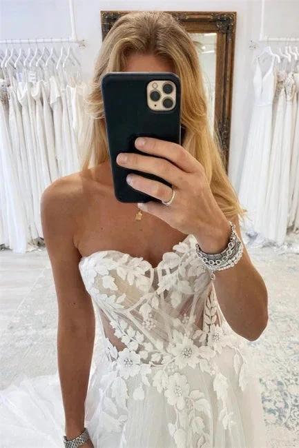 Elegant Boho Long White A-line Lace Sleeveless Tulle Wedding Dresses by misshow.com
