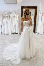 Elegant Boho Long White A-line Lace Sleeveless Tulle Wedding Dresses by misshow.com