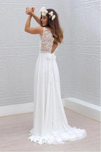 Elegant Bowknot Chiffon V-Neck Lace Sleeveless White Wedding Dress WD121 by pgmdress