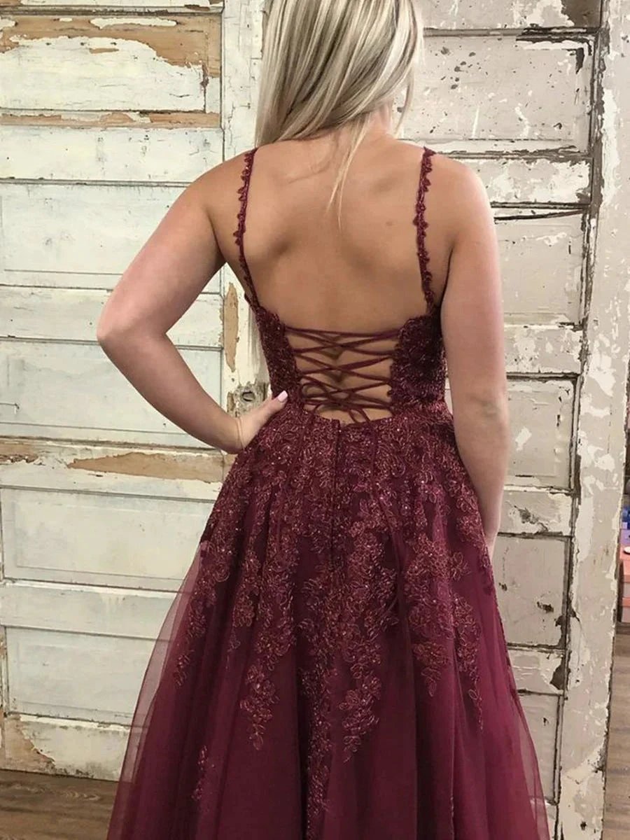 Elegant Burgundy Long A Line V Neck Open Back Tulle Lace Formal Prom Dresses by BIZTUNNEL