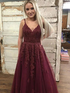 Elegant Burgundy Long A Line V Neck Open Back Tulle Lace Formal Prom Dresses by BIZTUNNEL