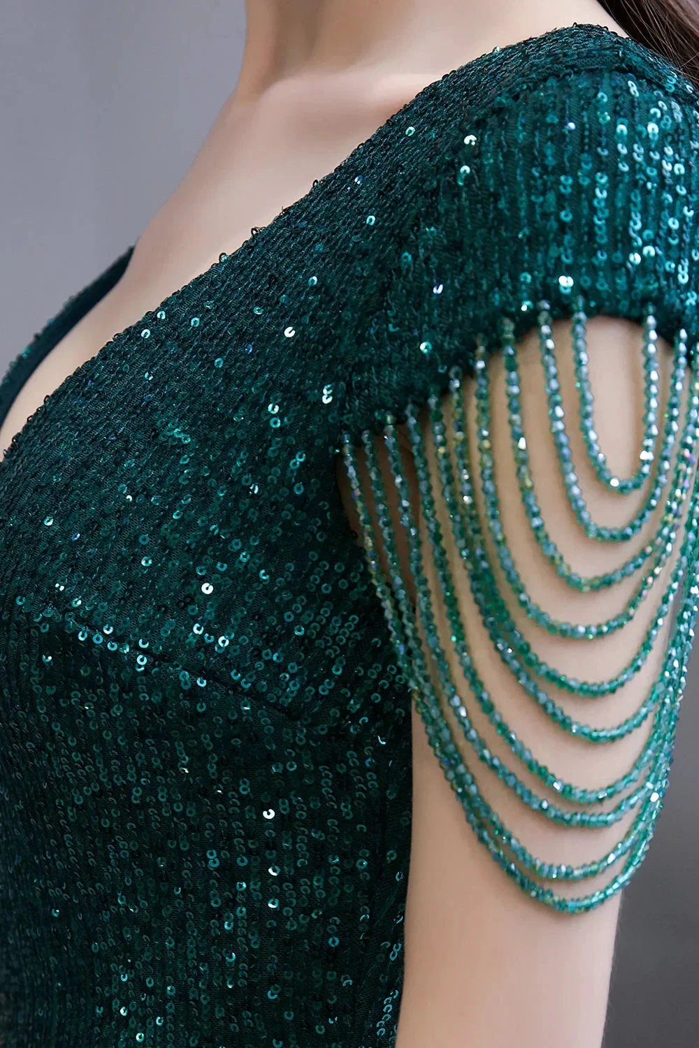 Elegant Cap Sleeve Green Sequins Long Prom Dress by BIZTUNNEL