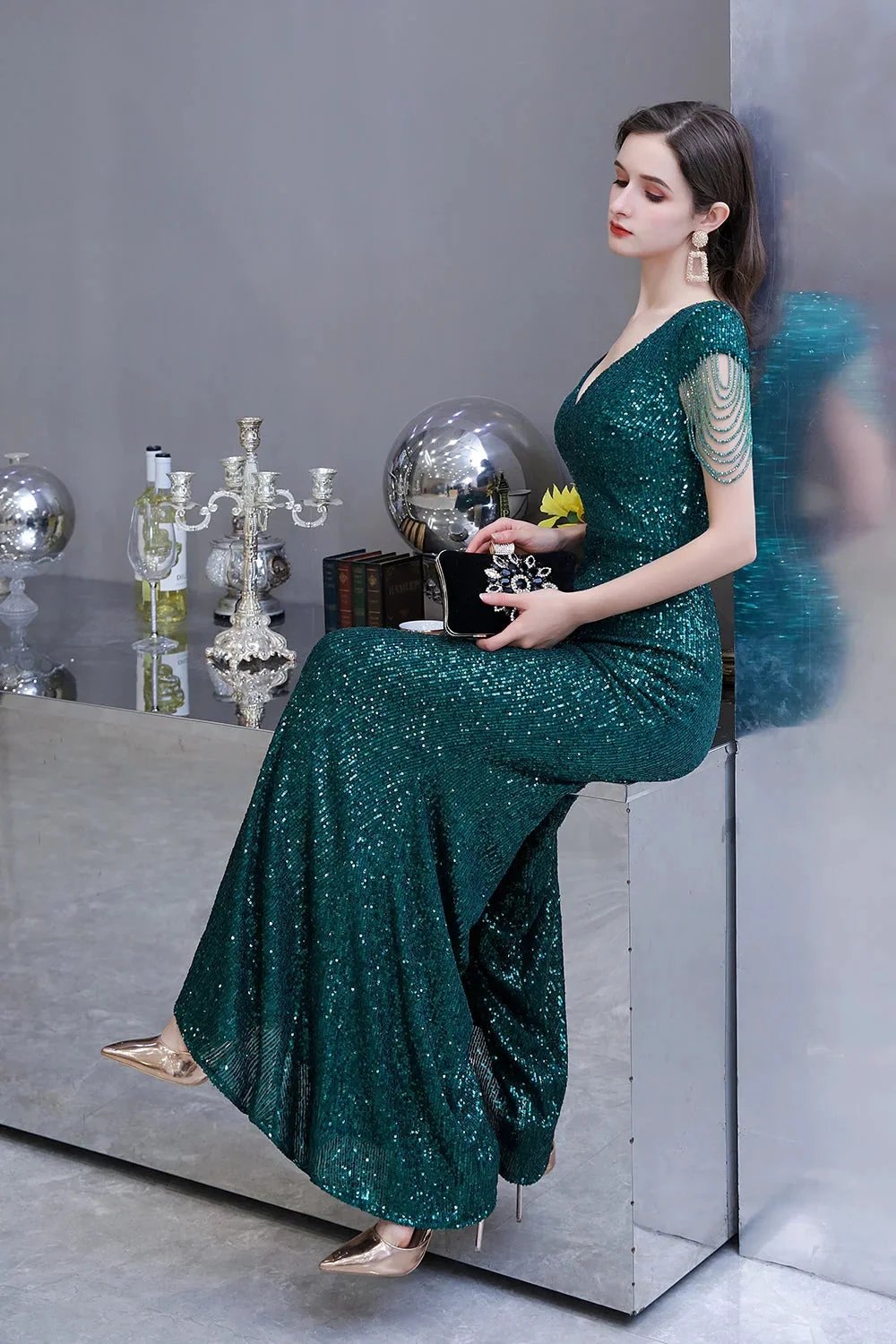 Elegant Cap Sleeve Green Sequins Long Prom Dress by BIZTUNNEL