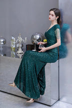 Elegant Cap Sleeve Green Sequins Long Prom Dress by BIZTUNNEL