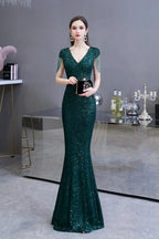Elegant Cap Sleeve Green Sequins Long Prom Dress by BIZTUNNEL