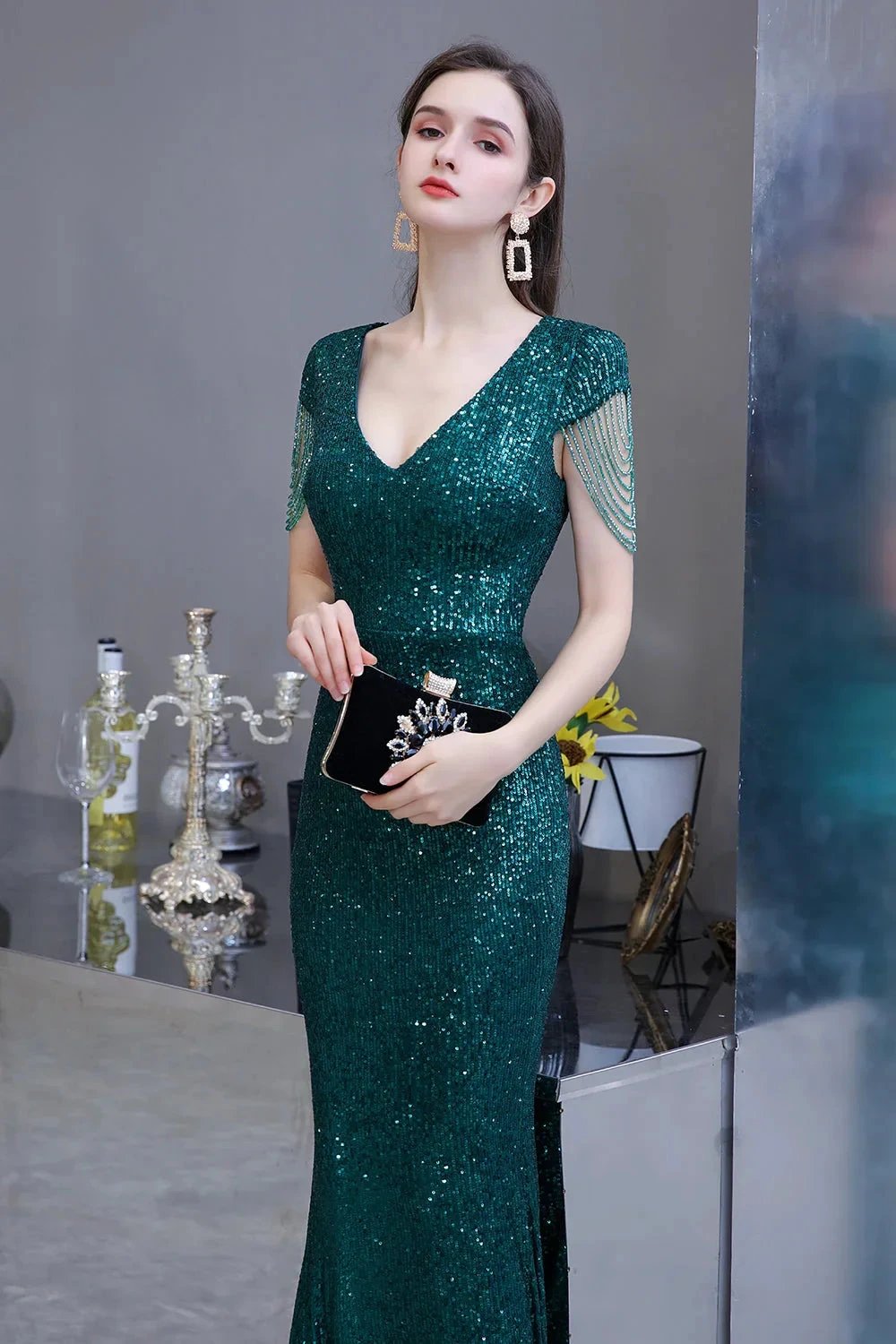 Elegant Cap Sleeve Green Sequins Long Prom Dress by BIZTUNNEL