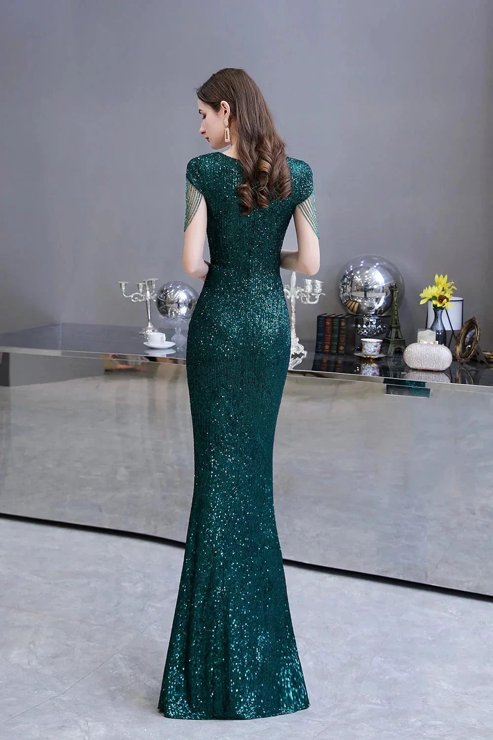 Elegant Cap Sleeve Green Sequins Long Prom Dress by BIZTUNNEL