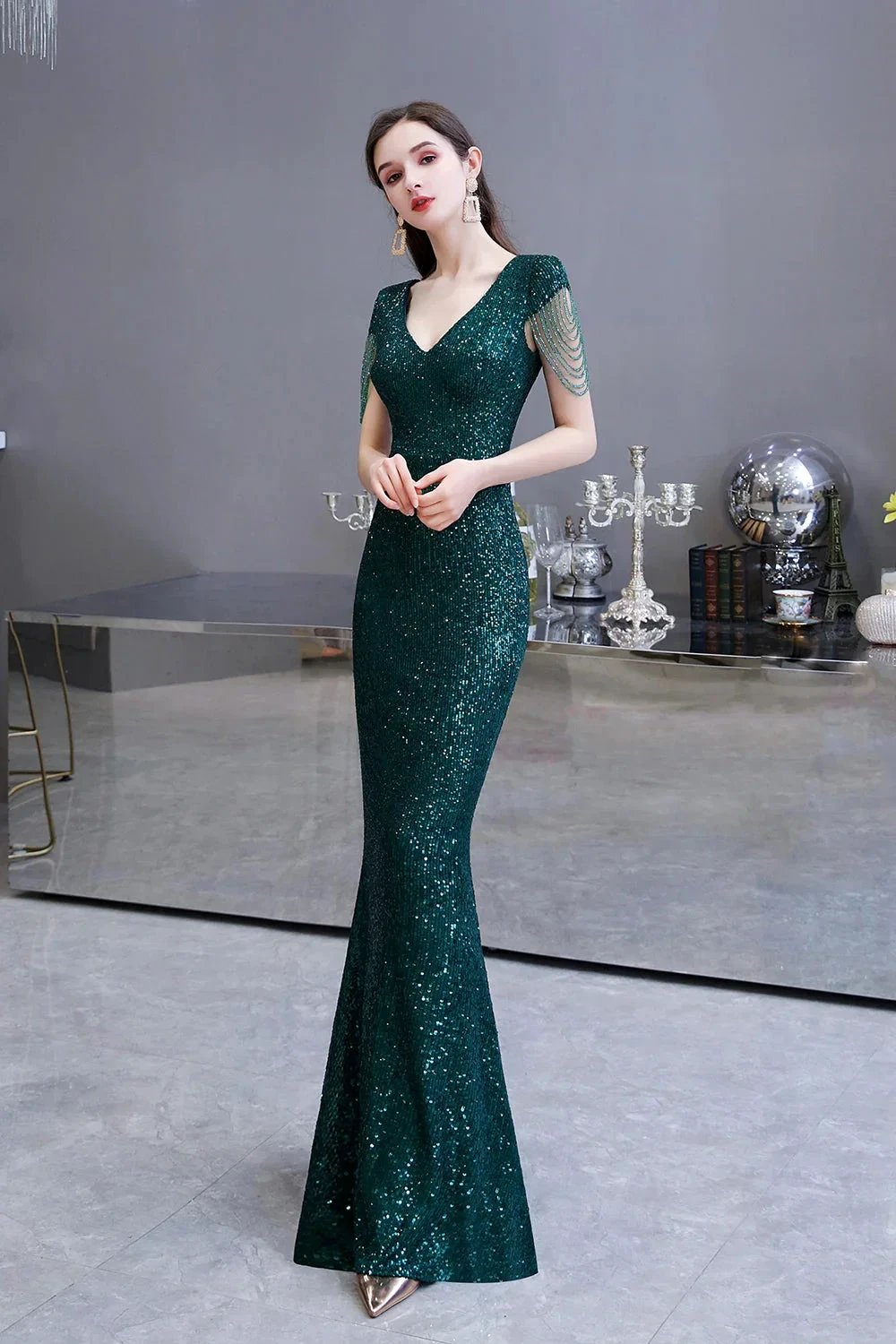 Elegant Cap Sleeve Green Sequins Long Prom Dress by BIZTUNNEL