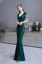 Elegant Cap Sleeve Green Sequins Long Prom Dress by BIZTUNNEL