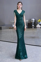 Elegant Cap Sleeve Green Sequins Long Prom Dress by BIZTUNNEL
