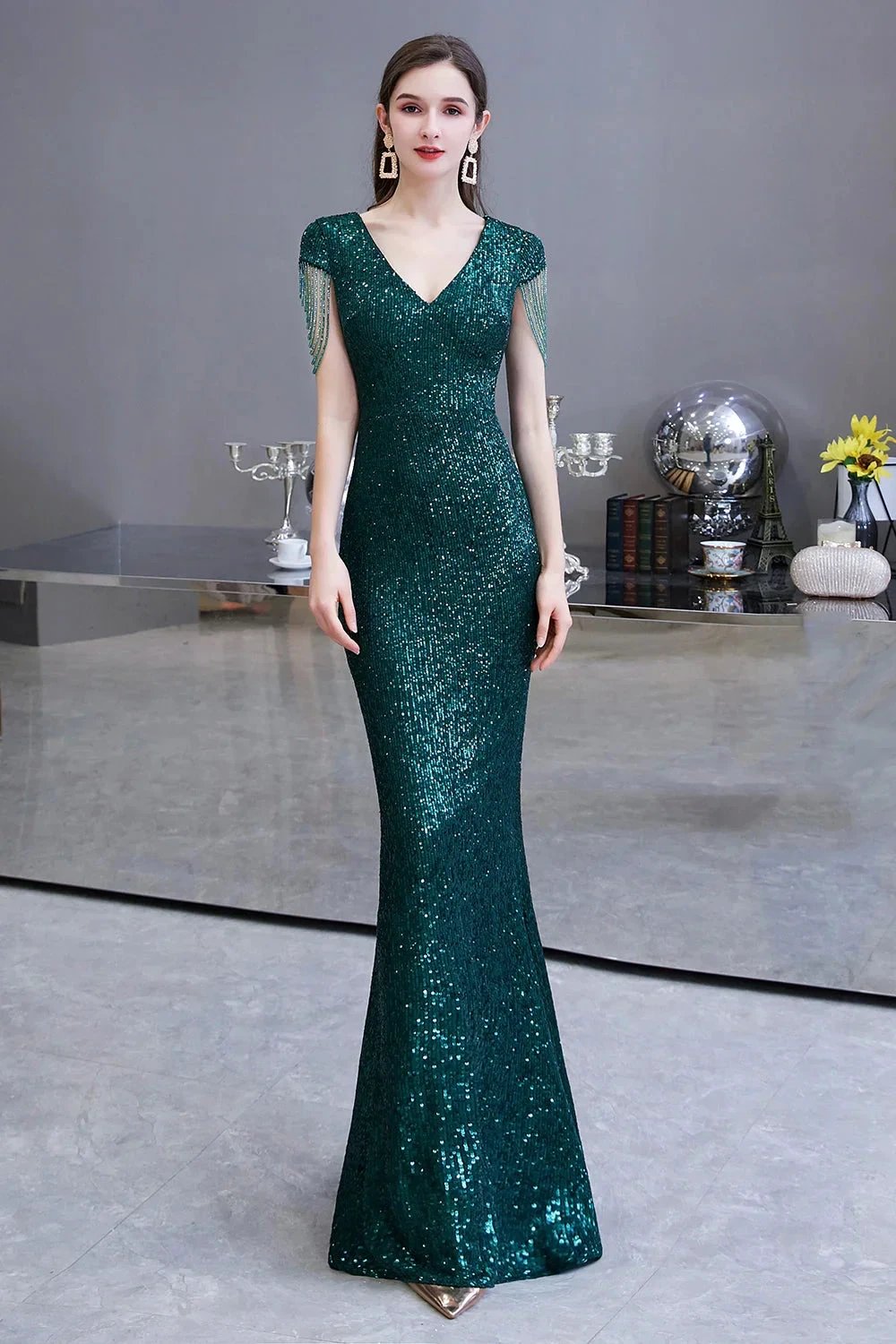 Elegant Cap Sleeve Green Sequins Long Prom Dress by BIZTUNNEL