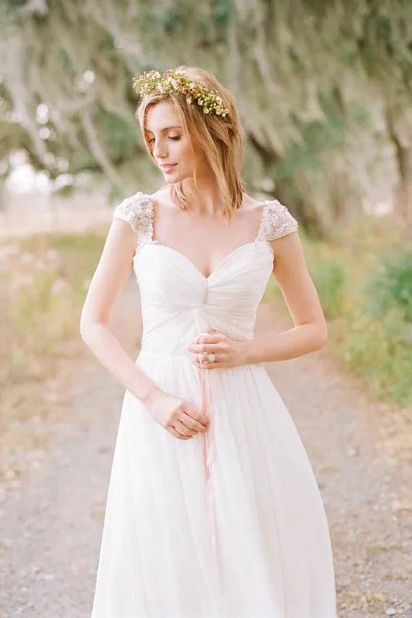 Elegant Cap Sleeve Long Chiffon Sweetheart Wedding Dress WD030 by pgmdress