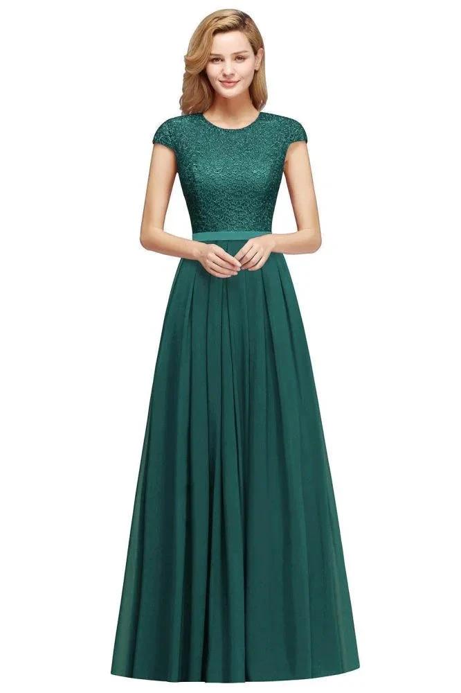 Elegant Cap Sleeves A Line Evening Swing Dress Navy Blue Long Party Dress by misshow.com