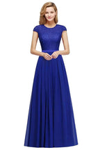 Elegant Cap Sleeves A Line Evening Swing Dress Navy Blue Long Party Dress by misshow.com