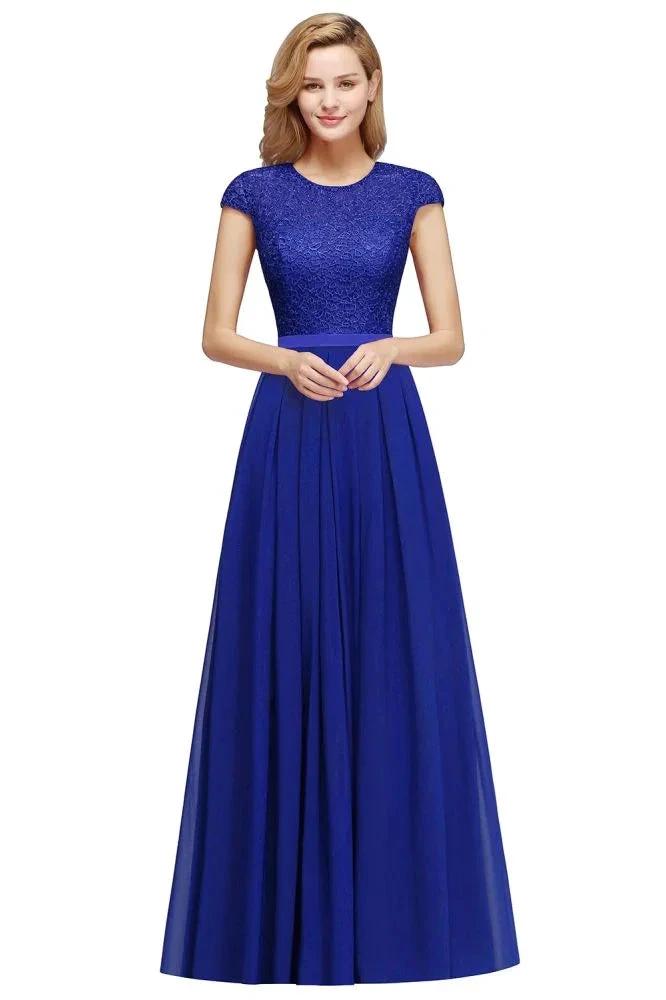 Elegant Cap Sleeves A Line Evening Swing Dress Navy Blue Long Party Dress by misshow.com