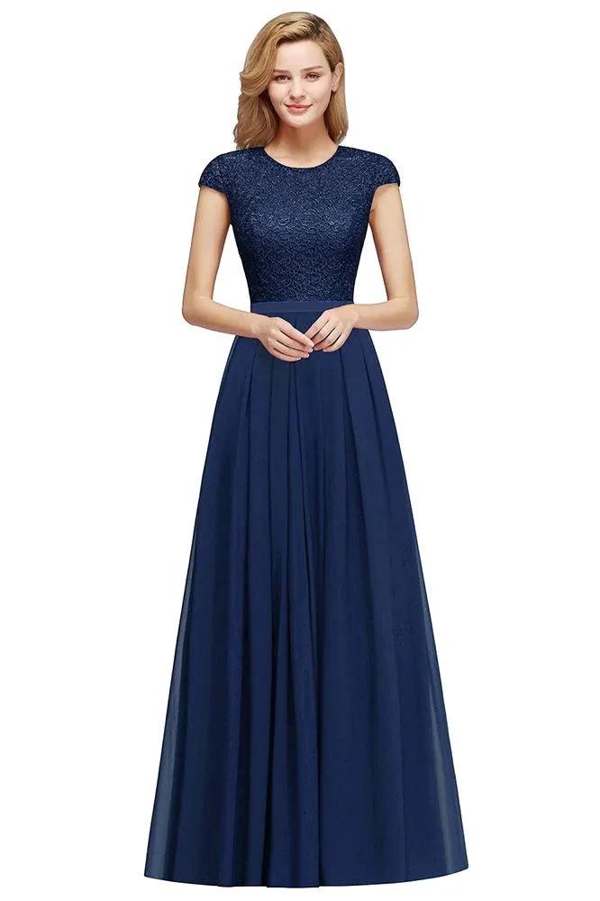 Elegant Cap Sleeves A Line Evening Swing Dress Navy Blue Long Party Dress by misshow.com
