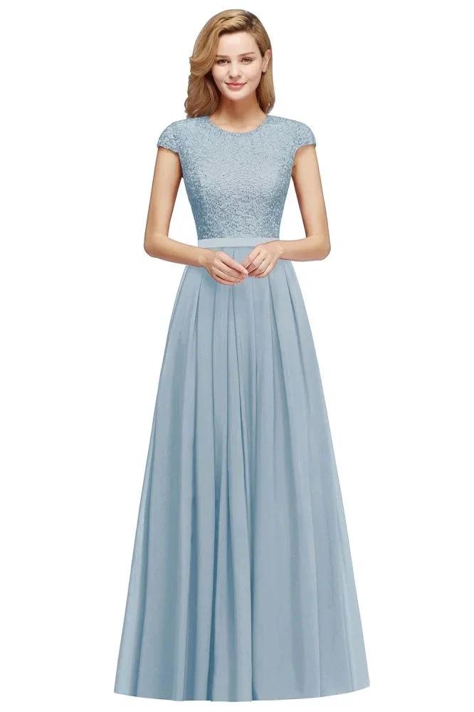 Elegant Cap Sleeves A Line Evening Swing Dress Navy Blue Long Party Dress by misshow.com
