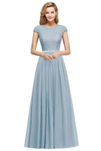Elegant Cap Sleeves A Line Evening Swing Dress Navy Blue Long Party Dress by misshow.com