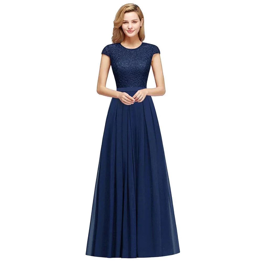 Elegant Cap Sleeves A Line Evening Swing Dress Navy Blue Long Party Dress by misshow.com