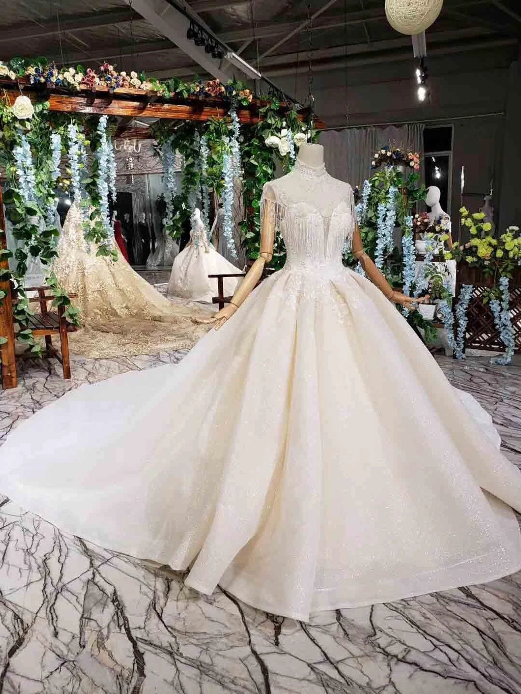 Elegant Cap Sleeves Ball Gown Beading High Neck Wedding Dress WD378 by pgmdress