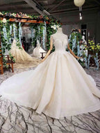 Elegant Cap Sleeves Ball Gown Beading High Neck Wedding Dress WD378 by pgmdress