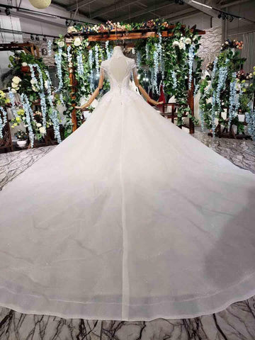 Elegant Cap Sleeves Ball Gown Beading High Neck Wedding Dress  WD378