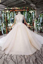 Elegant Cap Sleeves Ball Gown Beading High Neck Wedding Dress WD378 by pgmdress