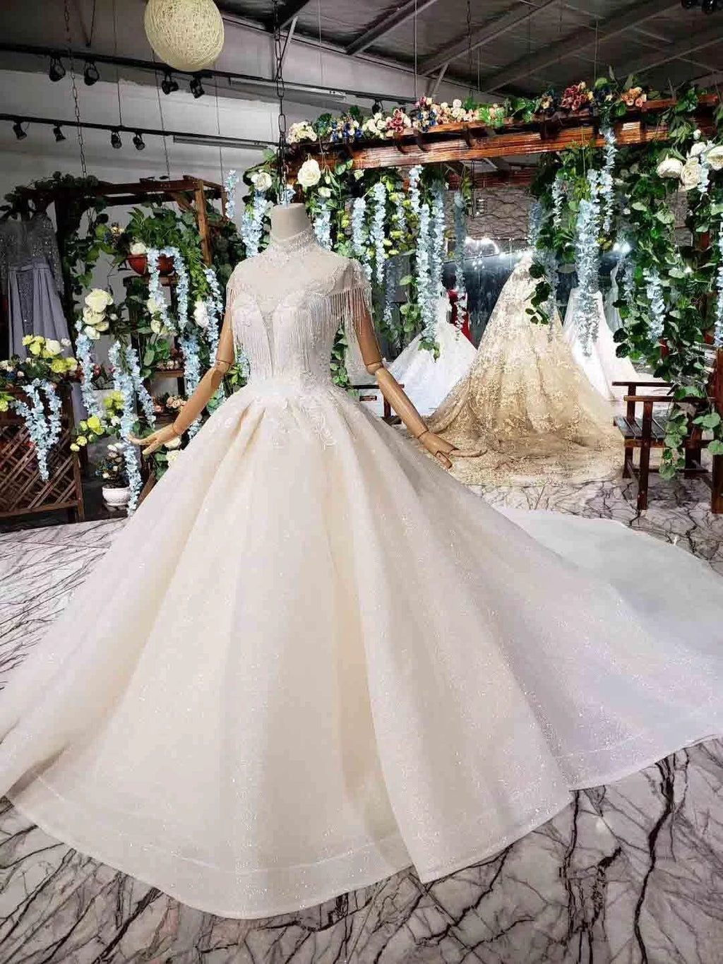 Elegant Cap Sleeves Ball Gown Beading High Neck Wedding Dress WD378 by pgmdress