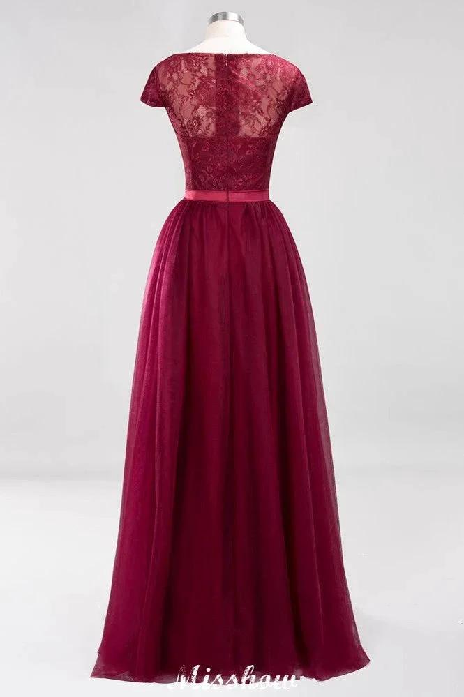 Elegant Cap Sleeves Floral aline Evening Swing Dress Appliques Tulle Bridesmaid Dress by misshow.com