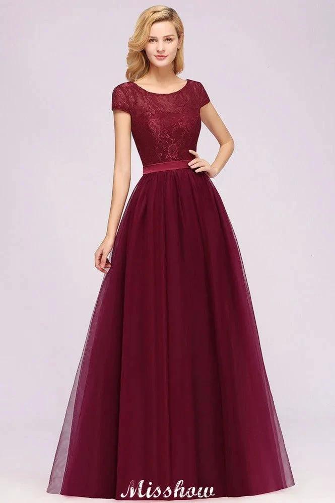 Elegant Cap Sleeves Floral aline Evening Swing Dress Appliques Tulle Bridesmaid Dress by misshow.com