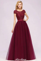 Elegant Cap Sleeves Floral aline Evening Swing Dress Appliques Tulle Bridesmaid Dress by misshow.com