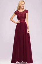 Elegant Cap Sleeves Floral aline Evening Swing Dress Appliques Tulle Bridesmaid Dress by misshow.com