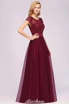 Elegant Cap Sleeves Floral aline Evening Swing Dress Appliques Tulle Bridesmaid Dress by misshow.com