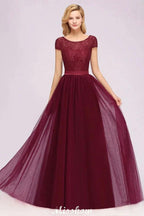 Elegant Cap Sleeves Floral aline Evening Swing Dress Appliques Tulle Bridesmaid Dress by misshow.com